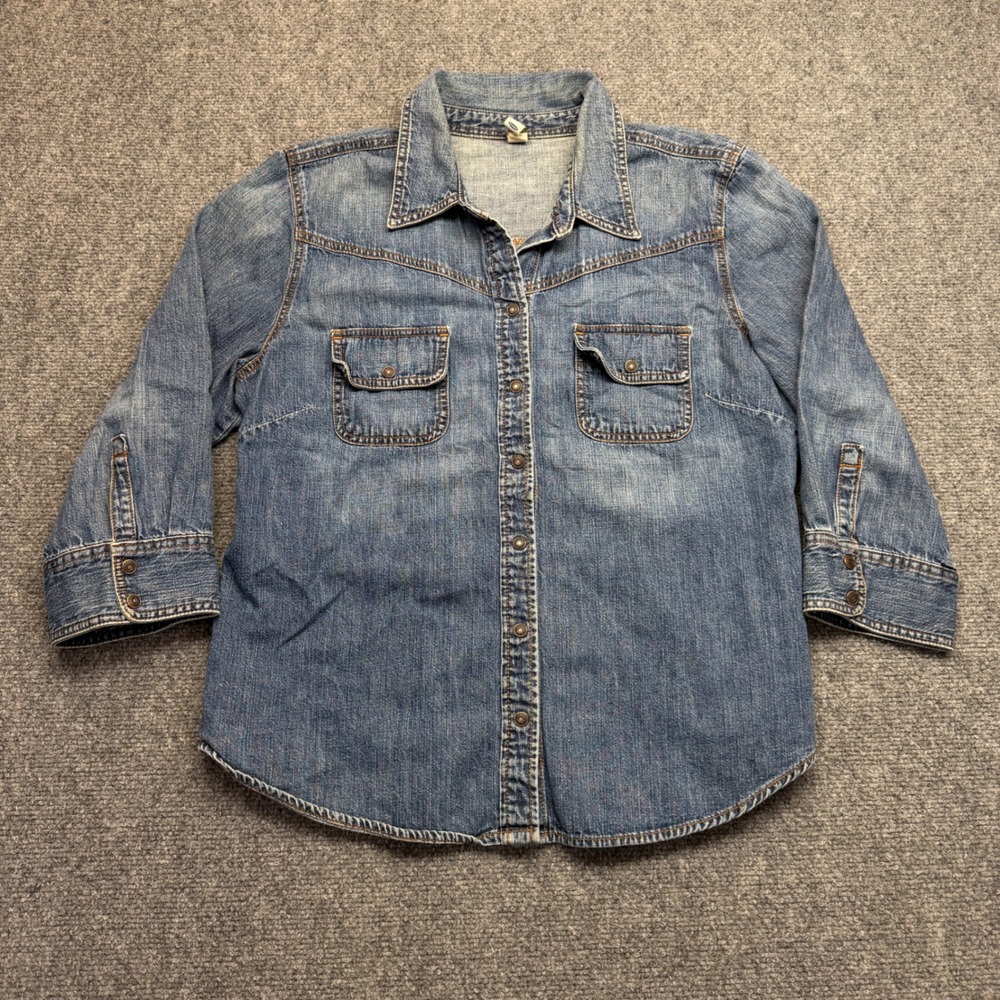 Old Navy Womens XL Denim Button Down Shirt Western 3/4 Sleeve Blue Medium Wash